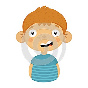 Doubtful Smiling Cute Small Boy With Big Ears In Blue T-shirt, Emoji Portrait Of A Male Child With Emotional Facial
