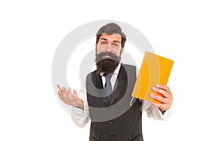 Doubting hipster teacher hold writing pen and school book, education in library