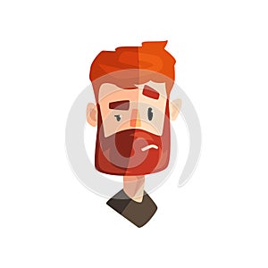 Doubting redhead bearded man, male emotional face, avatar with facial expression vector Illustration on a white