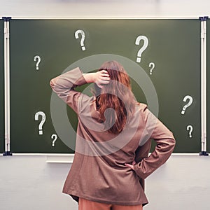 Doubting teacher stands at the blackboard with question marks