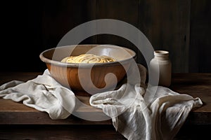 dough in a bowl covered with a damp cloth for proofing