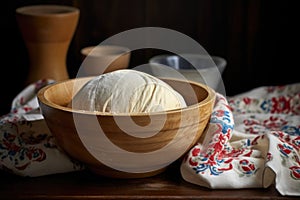 dough in a bowl covered with a damp cloth for proofing