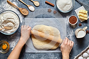 Dough bread, pizza or pie recipe homemade preparation. Female baker hands rolling