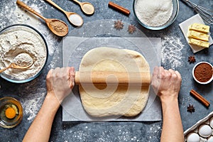 Dough bread, pizza or pie recipe homemade preparation. Female chef cook hands rolling with pin photo