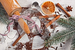 Dough for Christmas cookies, spice and ingredient for baking festive gingerbread