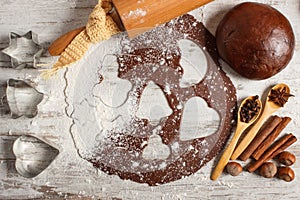 Dough for Christmas cookies, spice and ingredient for baking gingerbread