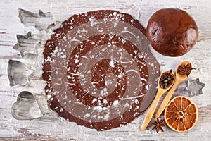 Dough for Christmas cookies, spice and ingredient for baking gingerbread