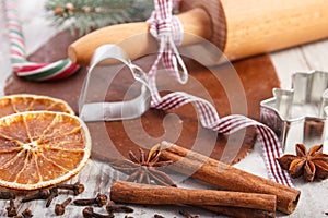 Dough for Christmas cookies, spice and ingredient for baking gingerbread