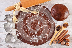 Dough for Christmas cookies, spice and ingredient for baking gingerbread