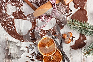 Dough for Christmas cookies, spice and ingredient for baking gingerbread