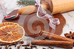 Dough for Christmas cookies, spice and ingredient for baking gingerbread