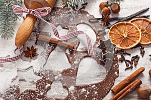 Dough for Christmas cookies, spice and ingredient for baking gingerbread