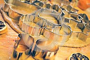 Dough cookie cutters Christmas gingerbread iced Kitchen table in