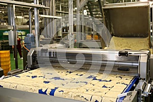 Dough cutting line for biscuits. The latest biscuit production line. Large biscuit factory