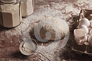 Dough on a dark background with ingredients