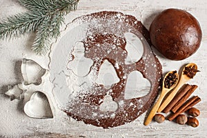 Dough for festive Christmas cookies, spice and ingredient for baking gingerbread