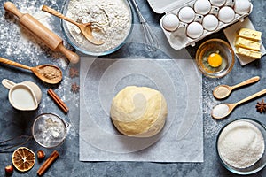 Dough mixing recipe bread, pizza or pie making ingridients, food flat lay