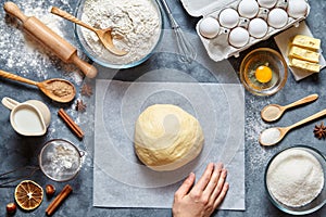 Dough mixing recipe bread, pizza or pie making ingridients, food flat lay