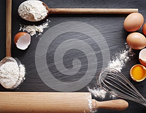 Dough preparation. Baking ingredients: egg and flour.