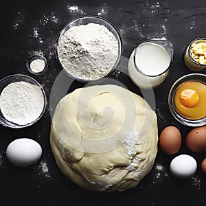 Dough for preparation bread, pizza, pie. Ingredients, food flat lay on kitchen table background. Butter, milk, yeast, flour, eggs