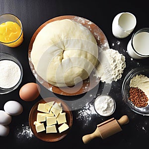 Dough for preparation bread, pizza, pie. Ingredients, food flat lay on kitchen table background. Butter, milk, yeast, flour, eggs