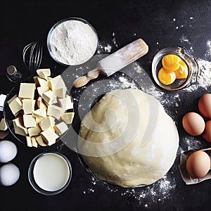 Dough for preparation bread, pizza, pie. Ingredients, food flat lay on kitchen table background. Butter, milk, yeast, flour, eggs