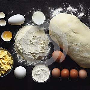 Dough for preparation bread, pizza, pie. Ingredients, food flat lay on kitchen table background. Butter, milk, yeast, flour, eggs