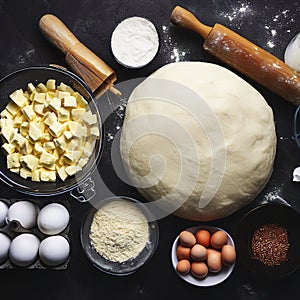 Dough for preparation bread, pizza, pie. Ingredients, food flat lay on kitchen table background. Butter, milk, yeast, flour, eggs