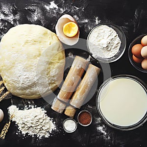 Dough for preparation bread, pizza, pie. Ingredients, food flat lay on kitchen table background. Butter, milk, yeast, flour, eggs