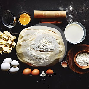 Dough for preparation bread, pizza, pie. Ingredients, food flat lay on kitchen table background. Butter, milk, yeast, flour, eggs