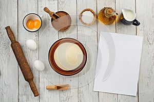 Dough preparation recipe bread, pizza, pasta or pie ingridients, food flat lay on kitchen table background. Text space