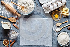 Dough preparation recipe bread, pizza or pie ingridients, food flat lay on kitchen table photo