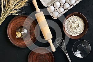 Dough preparation recipe bread, pizza or pie making ingredients, food flat lay on kitchen table background. Working with