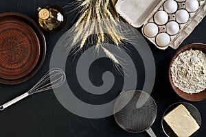 Dough preparation recipe bread, pizza or pie making ingredients, food flat lay on kitchen table background. Working with