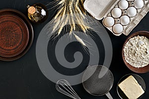 Dough preparation recipe bread, pizza or pie making ingredients, food flat lay on kitchen table background. Working with