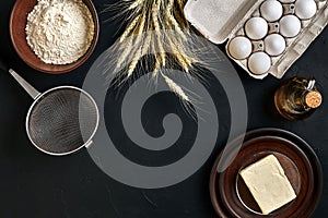 Dough preparation recipe bread, pizza or pie making ingredients, food flat lay on kitchen table background. Working with