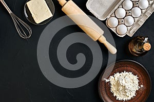 Dough preparation recipe bread, pizza or pie making ingredients, food flat lay on kitchen table background. Working with