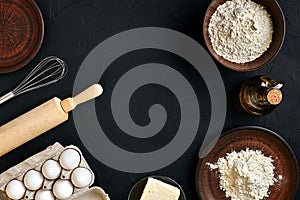 Dough preparation recipe bread, pizza or pie making ingredients, food flat lay on kitchen table background. Working with