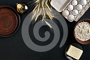 Dough preparation recipe bread, pizza or pie making ingredients, food flat lay on kitchen table background. Working with