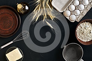 Dough preparation recipe bread, pizza or pie making ingredients, food flat lay on kitchen table background. Working with