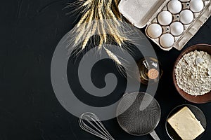 Dough preparation recipe bread, pizza or pie making ingredients, food flat lay on kitchen table background. Working with