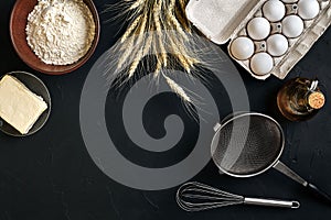 Dough preparation recipe bread, pizza or pie making ingredients, food flat lay on kitchen table background. Working with