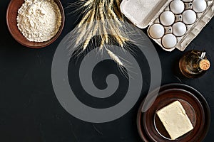 Dough preparation recipe bread, pizza or pie making ingredients, food flat lay on kitchen table background. Working with