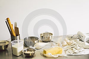 Dough preparation recipe bread, pizza or pie making ingridients. Cooking cake. Rural or rustic style