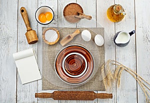 Dough preparation recipe bread, pizza or pie making ingridients, food flat lay on kitchen table background. Milk, yeast
