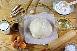 Dough preparation recipe bread, pizza or pie making ingridients, milk, yeast, flour, eggs, oil, salt, sugar pastry or bakery cooki