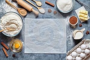 Dough preparation recipe homemade bread, pizza or pie ingridients, food flat lay