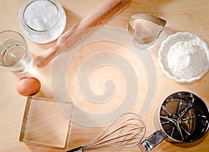 Dough preparation recipe homemade bread, pizza or pie ingridients, food flat lay on kitchen table background. Text space