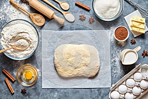 Dough preparation recipe homemade traditional bread, pizza or pie ingridients, food flat lay