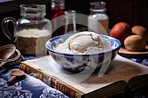 dough rising in a bowl with a recipe book in the background